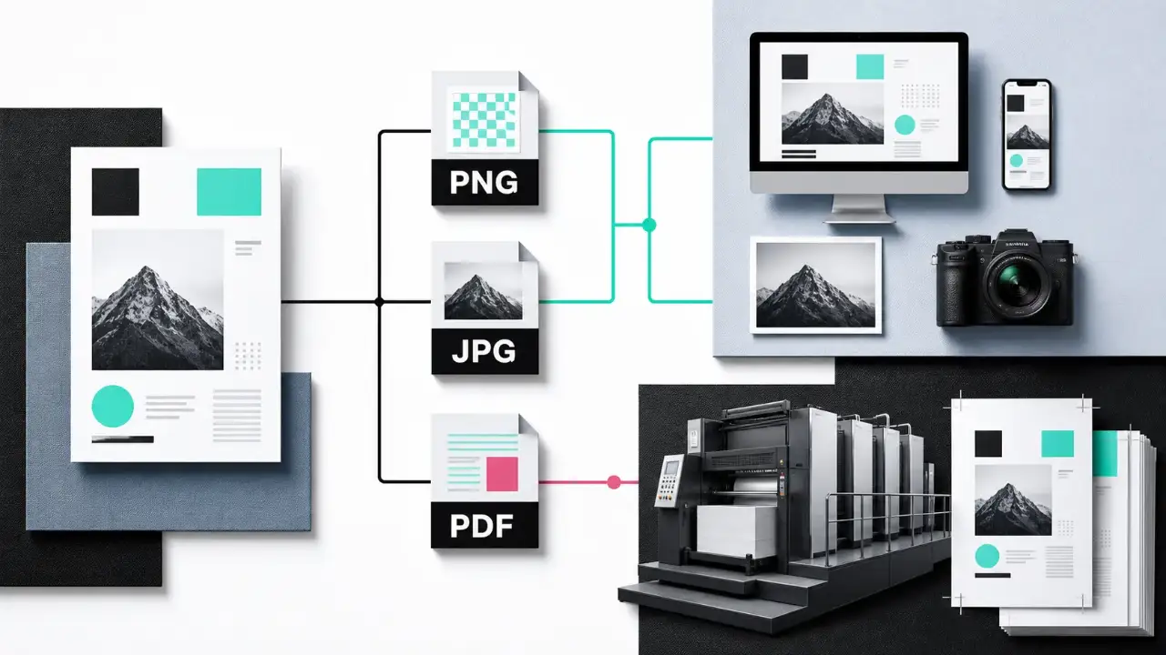CanvaからPNG、JPG、PDFを書き出す選択肢があり、印刷用にはPDFが推奨されていることを示す図解