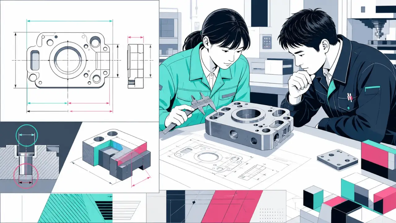 誤った寸法が記載された図面と、その寸法どおり正確に加工された部材を照合する場面