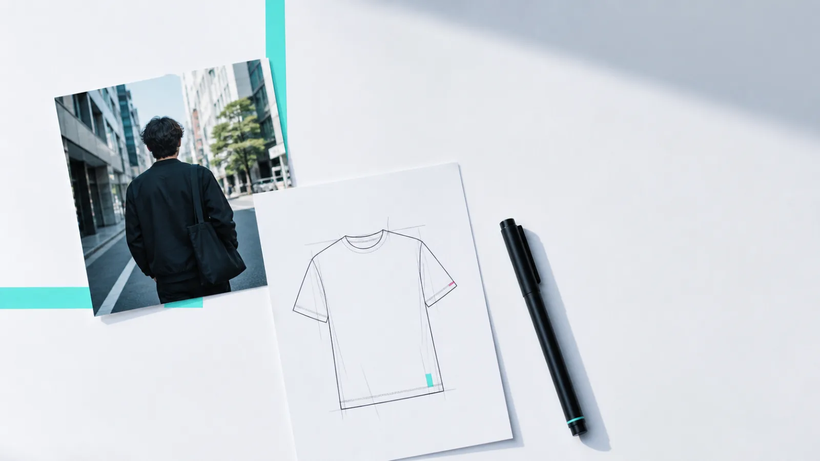 デザイナーの机に、一人の想定顧客の写真と白いTシャツのラフだけが置かれた静かな企画風景