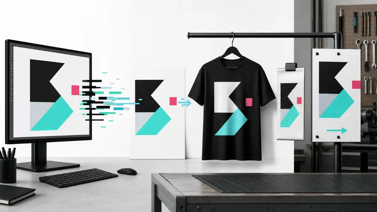 モニター上のデザインが印刷物、Tシャツ、サインへ展開され、現実の空間につながっていく様子