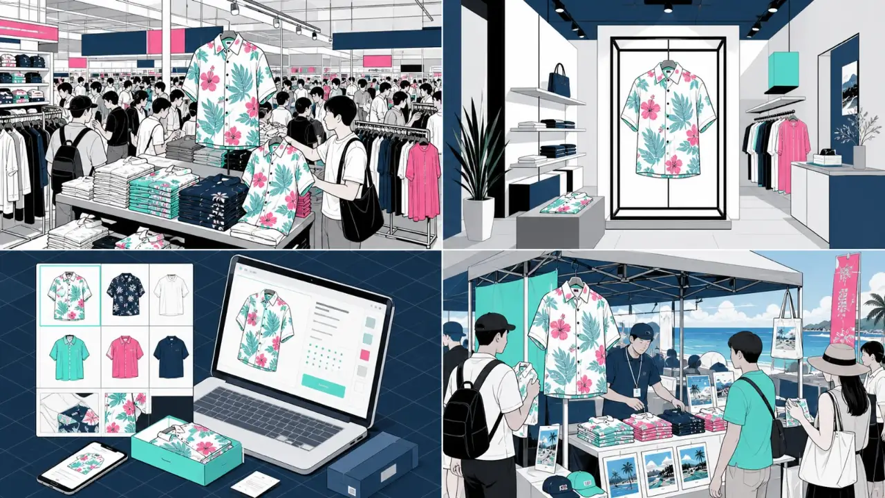 同じTシャツを量販店、ブランドEC、イベント会場、観光地の売り場へ置いた比較