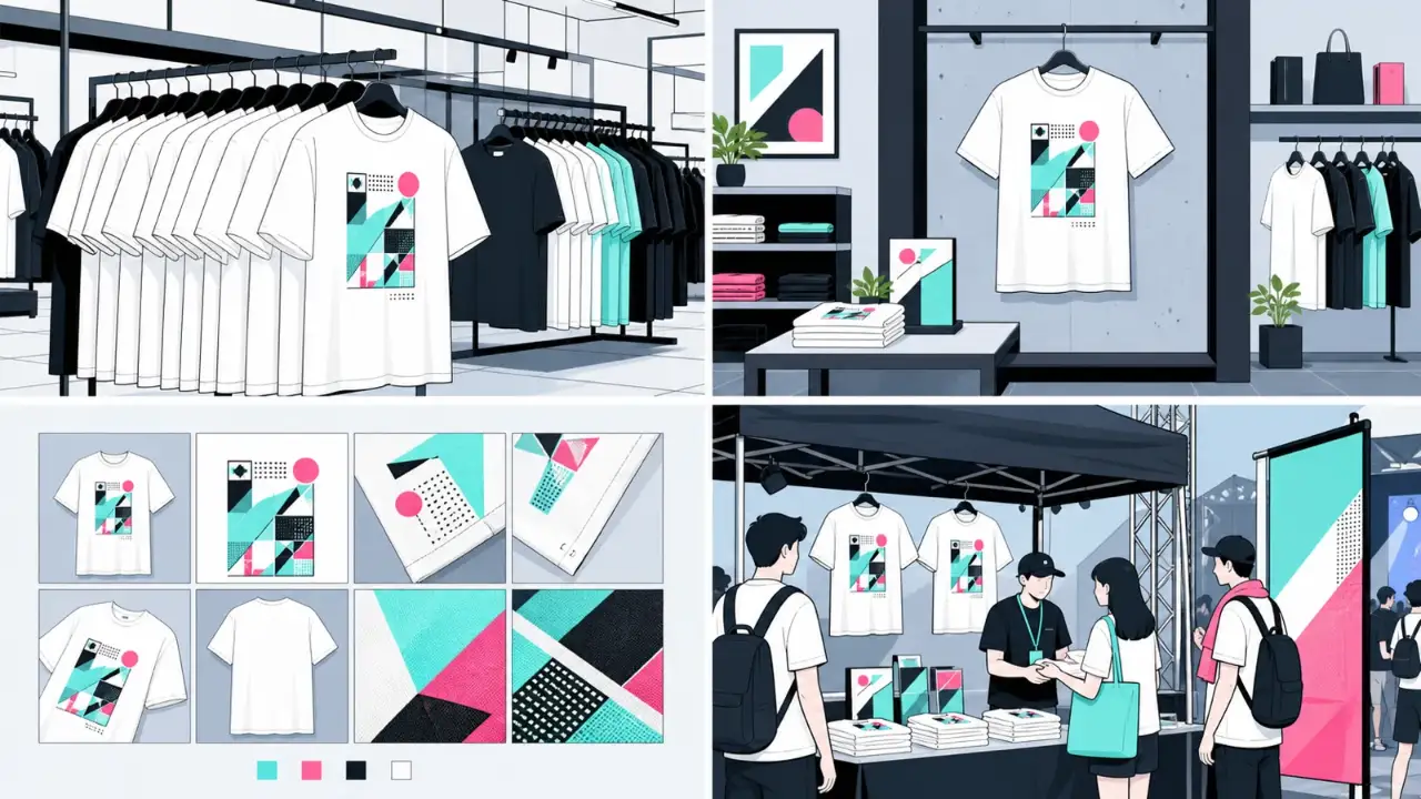 同じTシャツデザインを量販店、ブランドEC、イベント会場、観光地の売り場で比較する構成