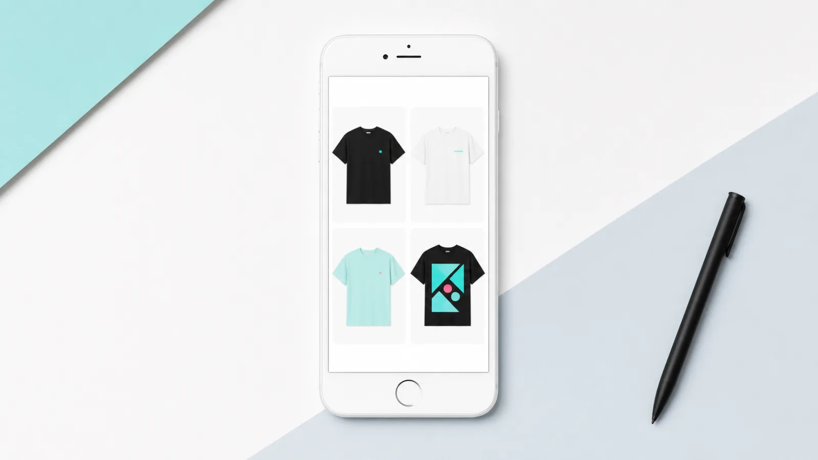 白いスマートフォンの商品一覧に4枚のTシャツカードが並び、一枚だけ主役が明確に見える構図
