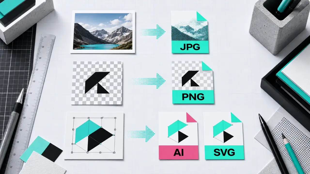 写真にはJPG、透明背景ロゴにはPNG、拡大するロゴにはAIやSVGが向いていることを比較したシンプルな図解