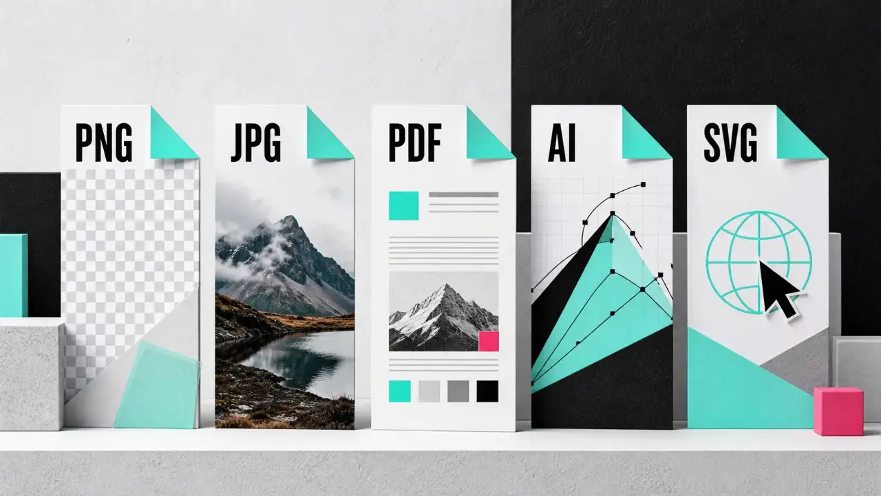 PNG、JPG、PDF、AI、SVGの5種類のファイル形式がカード状に並び、それぞれ写真、ロゴ、印刷、Webなどの用途に分かれている図解