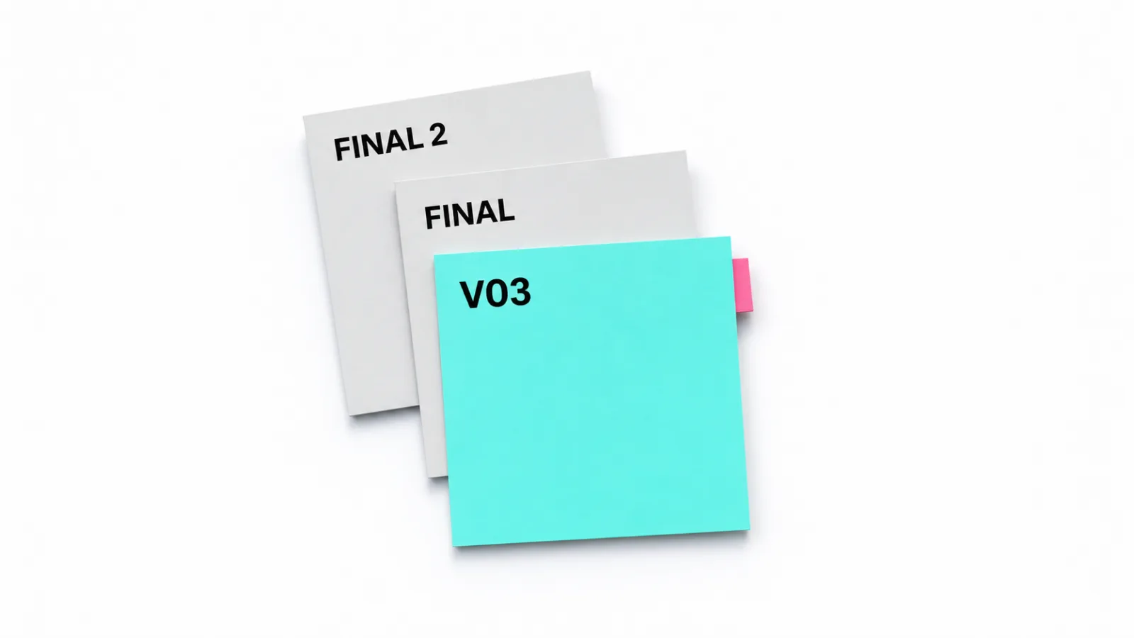 FINAL、FINAL 2、V03の3枚のファイルカードが重なり、最新版だけがアクアで強調されたデスク