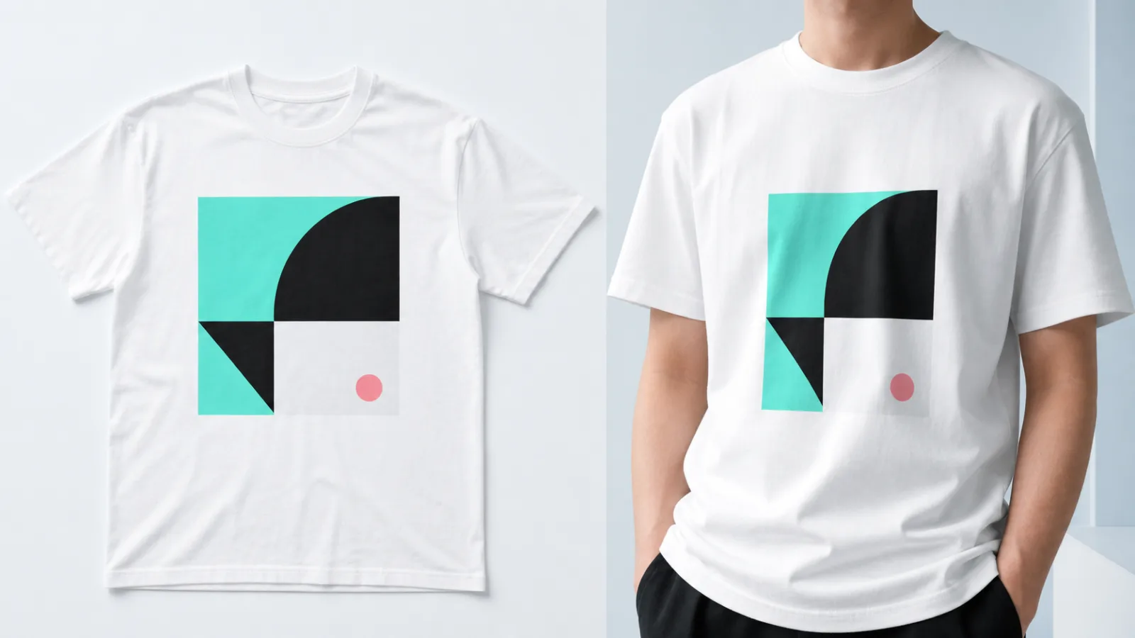 同じ幾何学プリントを、平置きした白いTシャツと着用した上半身で静かに比較した構図