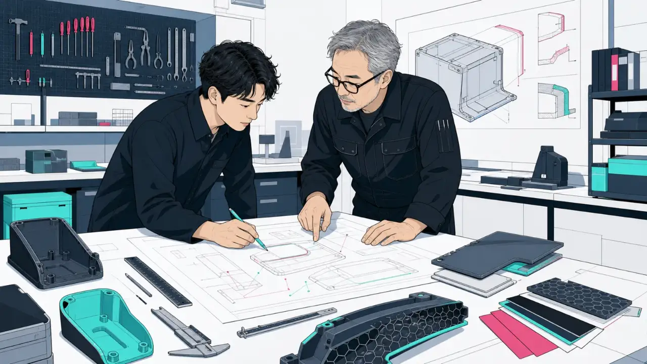 図面と素材サンプルを囲み、デザイナーと職人が分割位置や補強方法を相談する場面