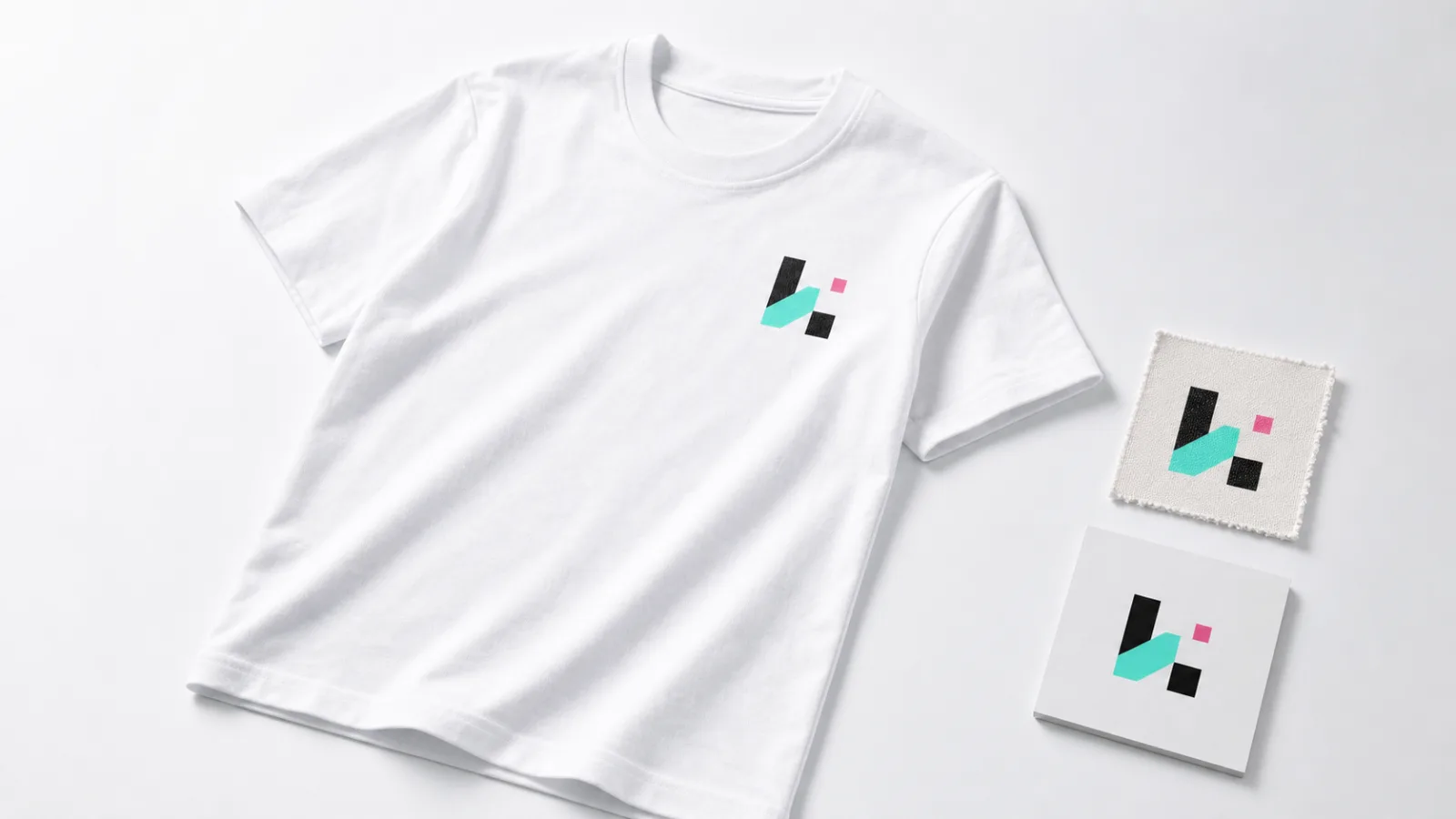 白いTシャツ、キャンバス布、硬質ボードに同じ幾何学マークが載り、素材による見え方の違いを示す静かな構図