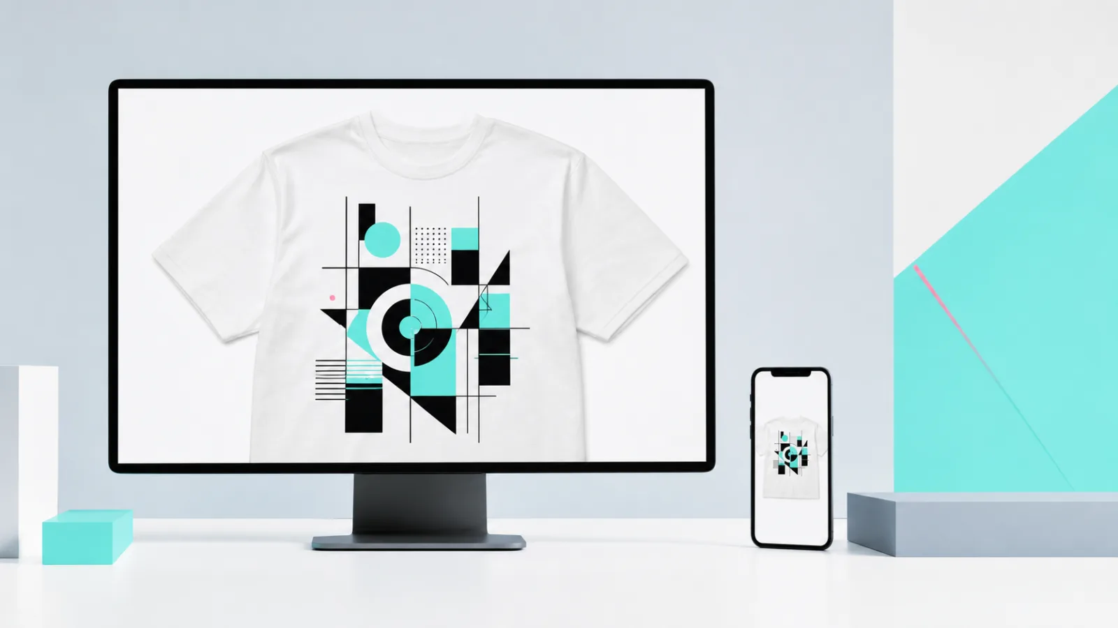 同じTシャツ商品を大きな画面と小さなスマートフォン一覧で比較したシンプルなデスク風景