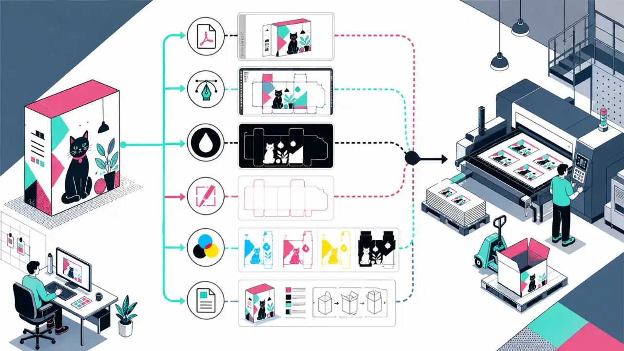 一つのデザインから確認用PDF、編集用AI、白版、カット線、指示書を分けて製作へ渡す図