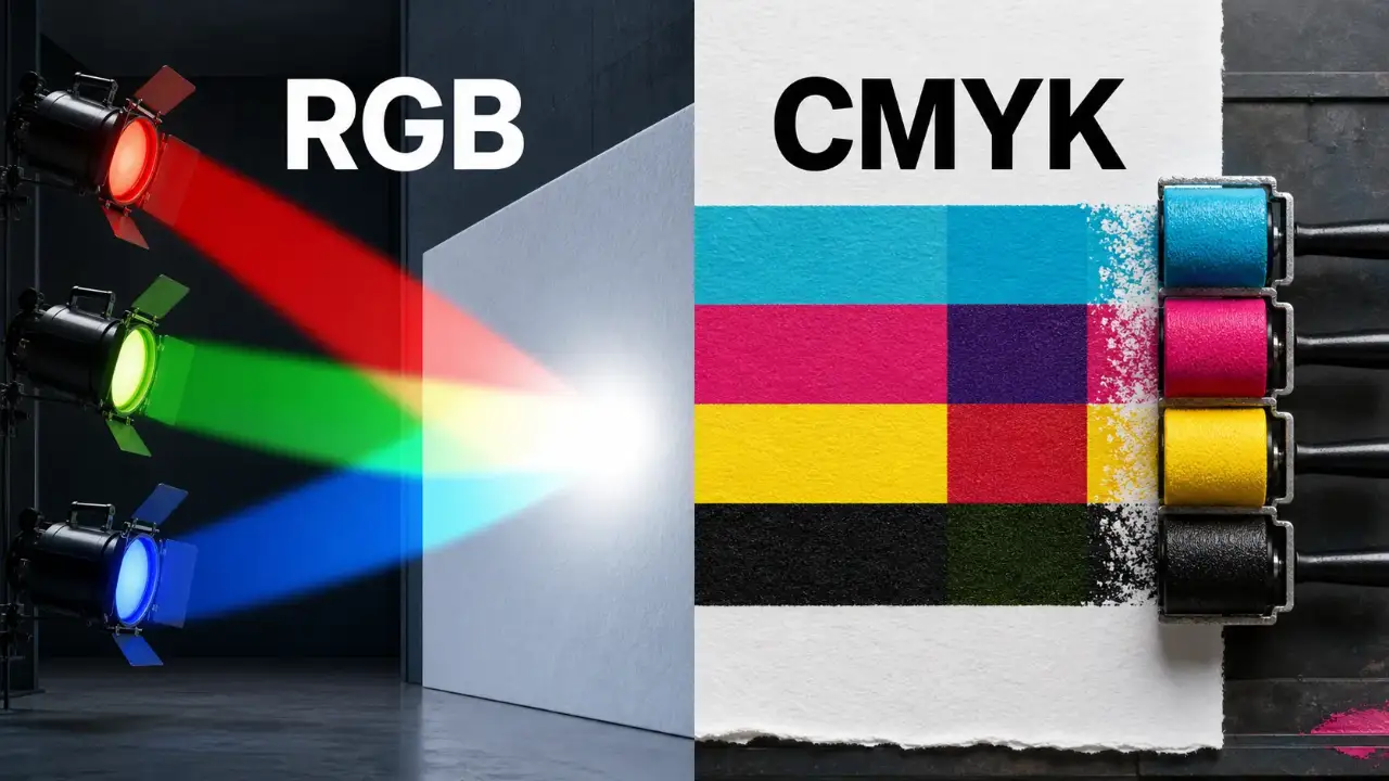 RGBの光の三原色とCMYKの印刷インクの四原色を左右に比較した図解
