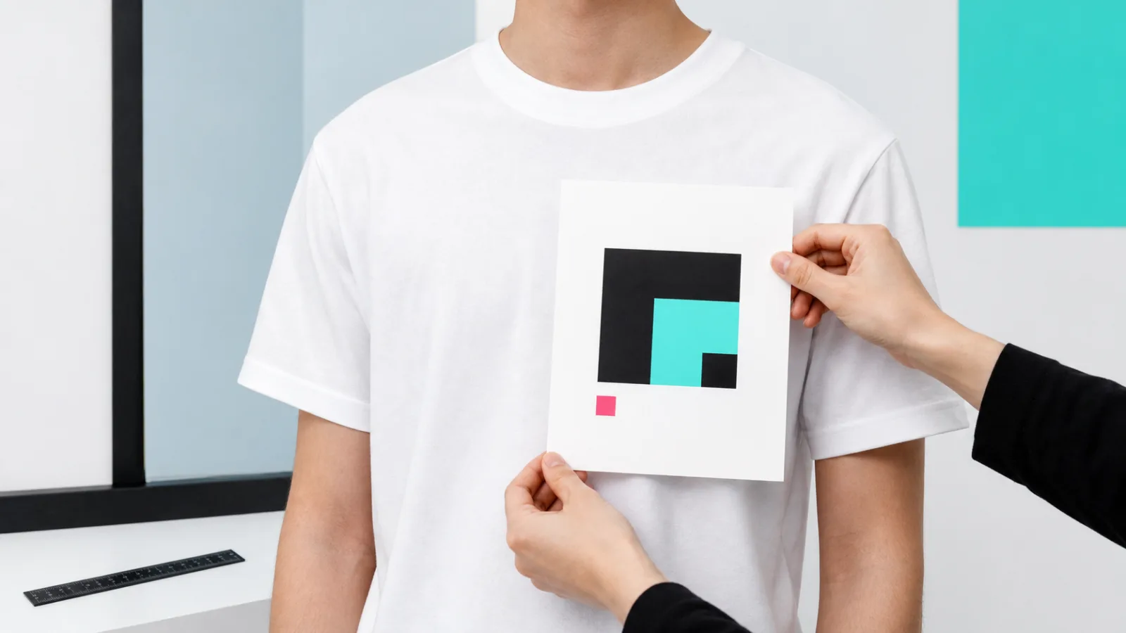 白いTシャツを着た人物の胸元へ、デザイナーが一枚の紙製プリント見本を当てて位置を確認する様子